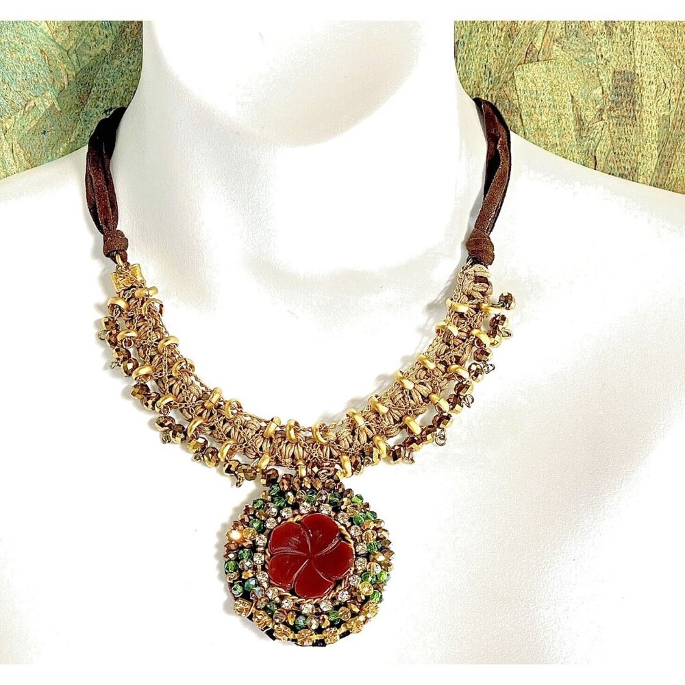 Carnelian Statement Necklace Fairy Glam Handmade Victorian Crystal Red Gold Tone
